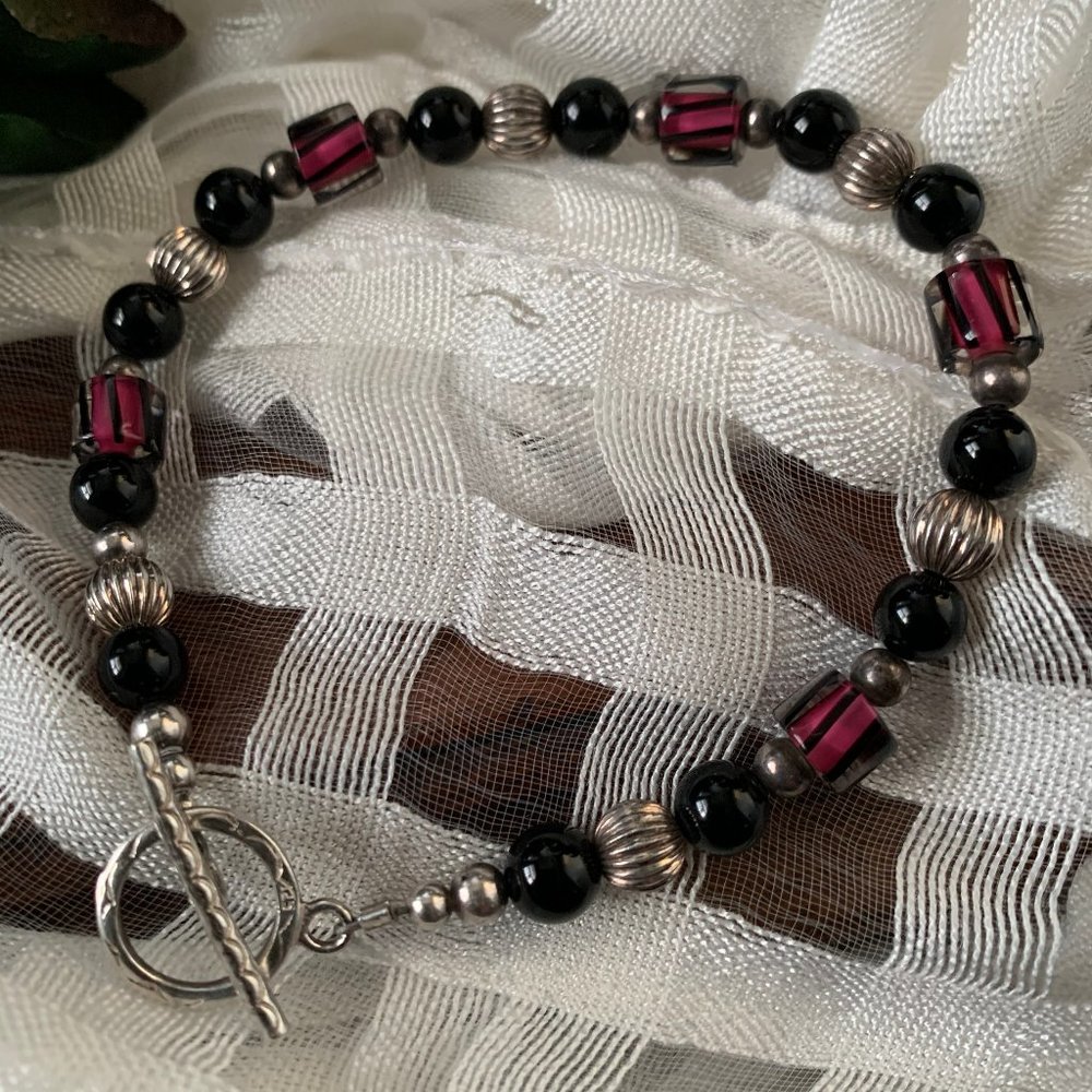 STERLING SILVER BLACK ONYX TOGGLE BRACELET 8"